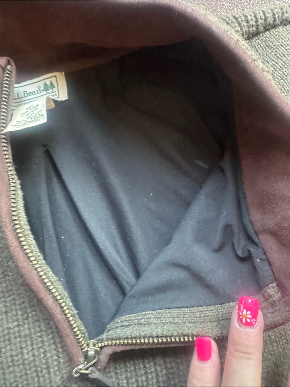 L.L. Bean Olive Green Half-Zip Ribbed Turtleneck Sweater with Brown Trim - Picture 5 of 6
